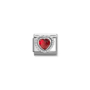 Close-up of Nomination Faceted Red Heart Classic Link with sterling-silver beaded setting and 5x5mm red stone
