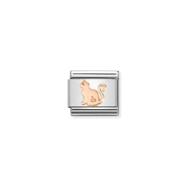 Nomination Classic Link with rose-gold cat and heart on stainless-steel base