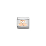 Nomination Classic Link with two rose-gold swans forming a heart on stainless-steel base