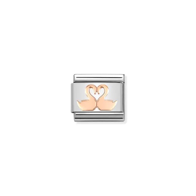Nomination Classic Link with two rose-gold swans forming a heart on stainless-steel base