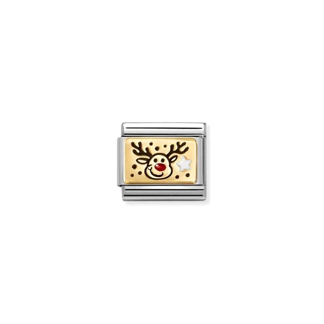 Nomination Classic Link Rudolph Reindeer enamel charm on yellow-gold plate, stainless steel, compatible with Composable Nomination bracelets