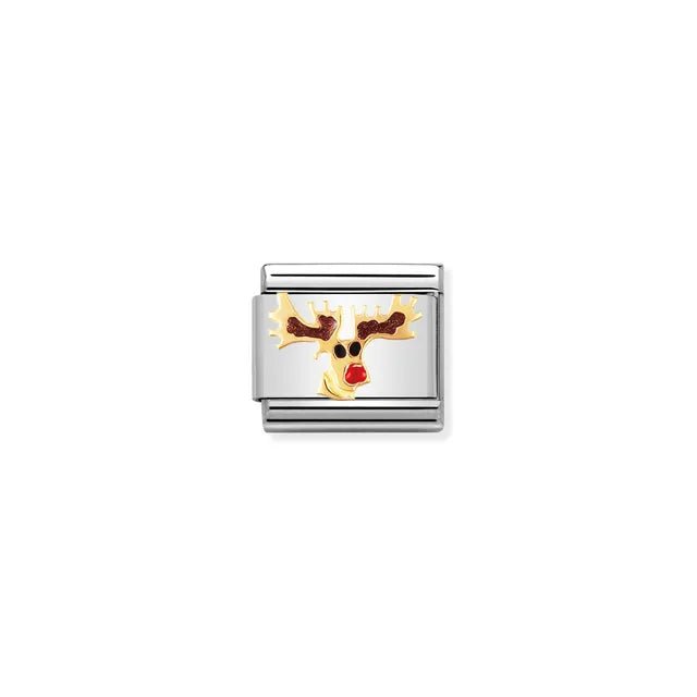 Nomination Classic Link with yellow-gold Rudolph reindeer and red enamel nose on stainless steel.