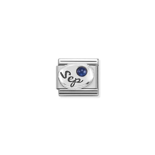 Nomination Classic Link with September script and blue sapphire on stainless steel.