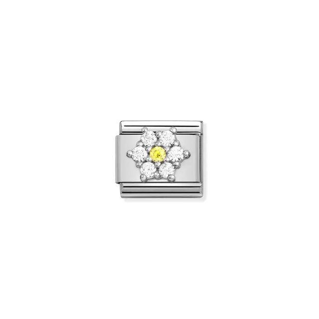 Nomination Classic Link flower in silver with white and yellow cubic zirconia – charm for Nomination Bracelets.