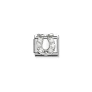 Nomination Classic Link with sterling-silver horseshoe set with white cubic zirconia on stainless steel.