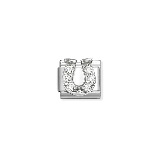 Nomination Classic Link with sterling-silver horseshoe set with white cubic zirconia on stainless steel.