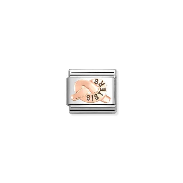 Close-up of Nomination SISTERS promise knot Classic Link in stainless steel with bonded rose gold and black enamel