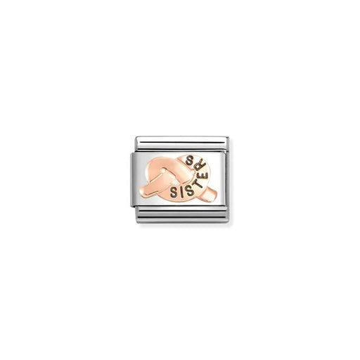 Close-up of Nomination SISTERS promise knot Classic Link in stainless steel with bonded rose gold and black enamel