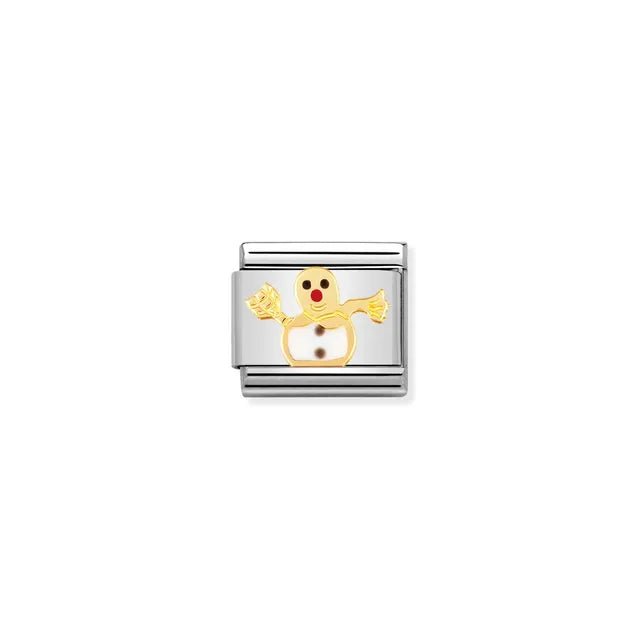 Nomination Classic Link with yellow-gold snowman and white enamel on stainless steel.