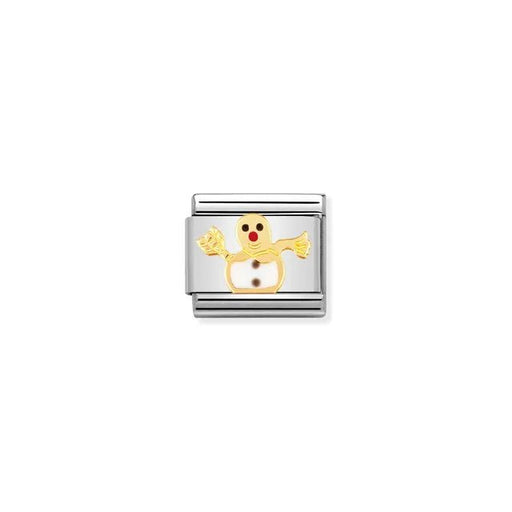 Nomination Classic Link with yellow-gold snowman and white enamel on stainless steel.