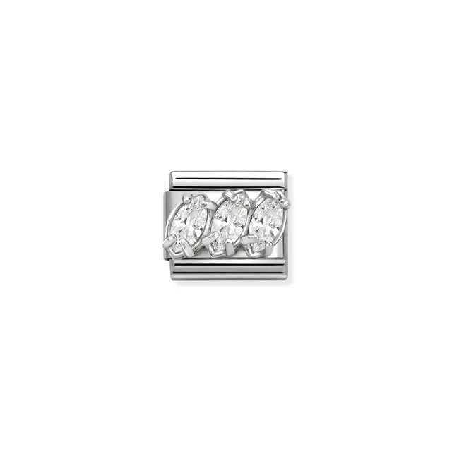 Nomination Classic Link with trilogy of white cubic zirconia in silver setting on stainless steel, compatible with Composable Nomination bracelets