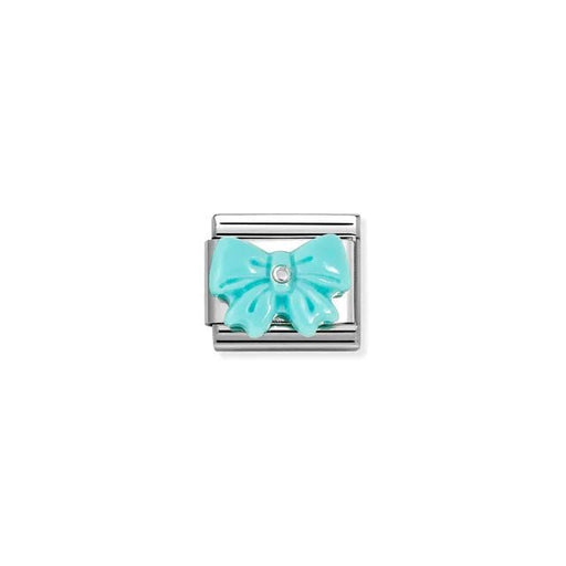 Close-up of Nomination Turquoise Bow Classic Link in stainless steel with sterling silver and turquoise-coloured synthetic stone