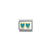 Nomination Classic Link with yellow-gold double hearts filled with turquoise glitter