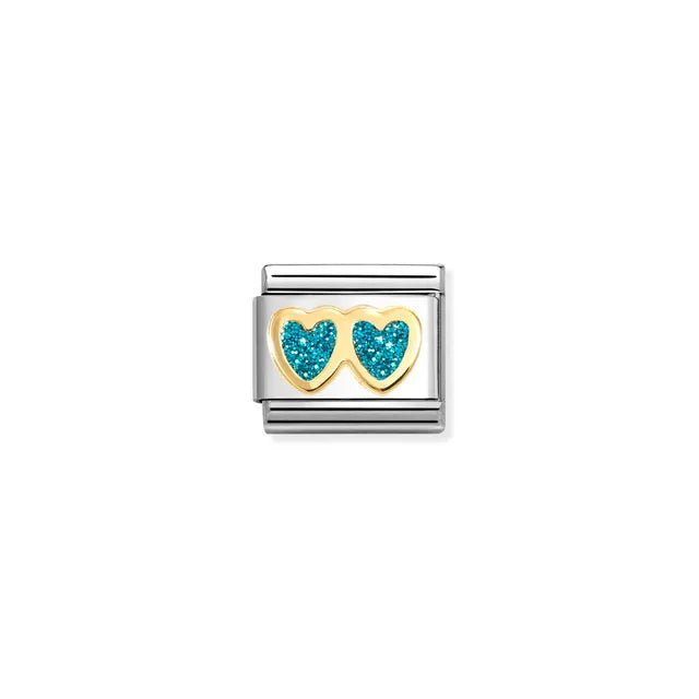 Nomination Classic Link with yellow-gold double hearts filled with turquoise glitter