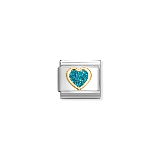 Nomination Classic Link with yellow-gold heart filled with turquoise glitter