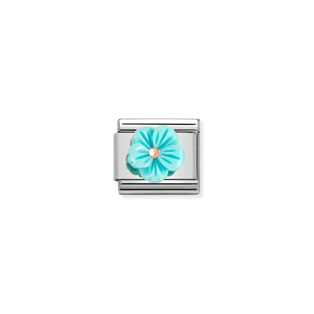 Nomination Classic Link turquoise mother of pearl flower charm with rose-gold detail on stainless steel for Composable bracelet.