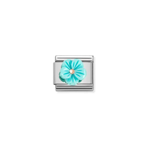 Nomination Classic Link turquoise mother of pearl flower charm with rose-gold detail on stainless steel for Composable bracelet.