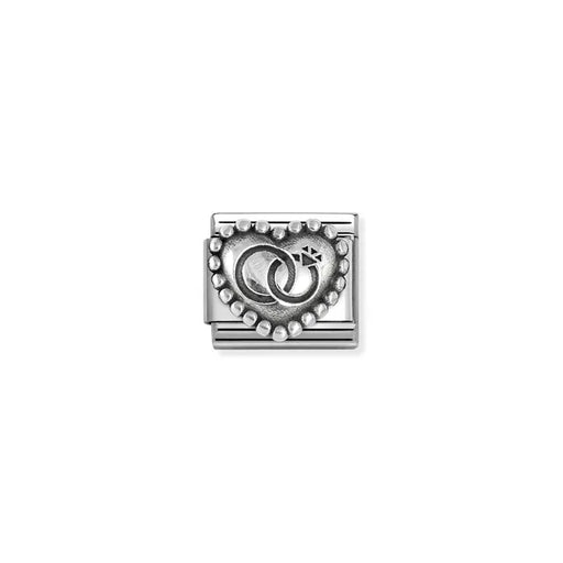 Close-up of Nomination Classic Link with beaded heart and wedding rings, oxidised silver
