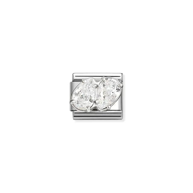 Nomination Classic Link with duo of white cubic zirconia in silver setting on stainless steel, compatible with Composable Nomination bracelets