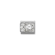 Nomination Classic Link with oval white cubic zirconia and white CZ cluster in silver setting on stainless steel, compatible with Composable Nomination bracelets