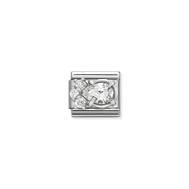 Nomination Classic Link with oval white cubic zirconia and white CZ cluster in silver setting on stainless steel, compatible with Composable Nomination bracelets
