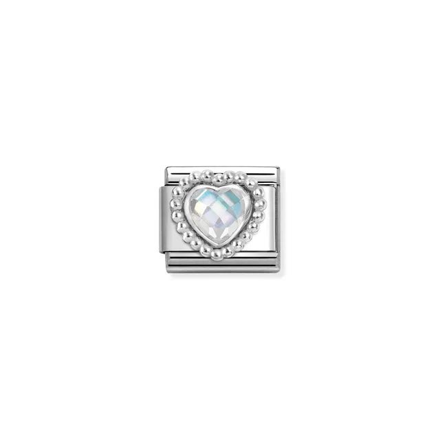 Close-up of Nomination White CZ Heart Classic Link with sterling-silver beaded setting and faceted 5x5mm stone