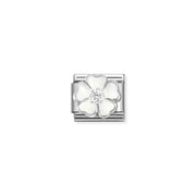 Nomination Classic Link with raised white enamel flower and white CZ centre on stainless steel.