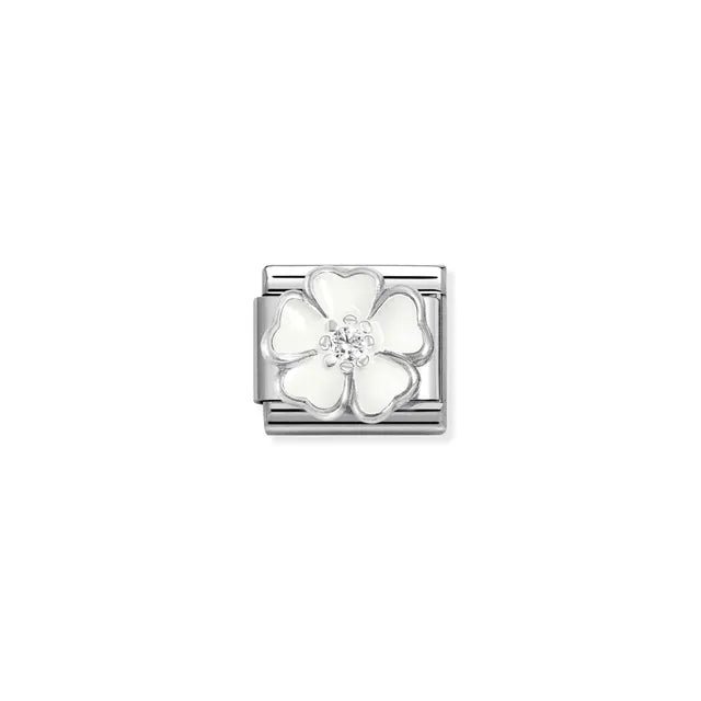 Nomination Classic Link with raised white enamel flower and white CZ centre on stainless steel.