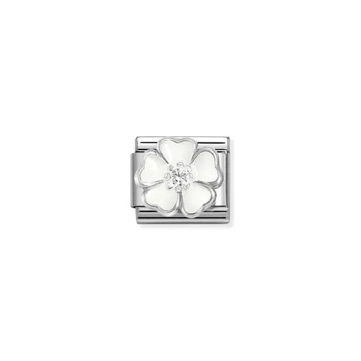 Nomination Classic Link with raised white enamel flower and white CZ centre on stainless steel.
