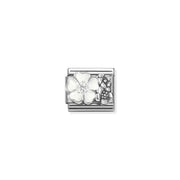 Nomination Classic Link with two raised flowers: white enamel bloom with CZ and smaller oxidised silver flower.