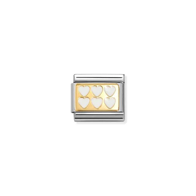 Nomination Classic Link with yellow-gold plaque and white enamel hearts