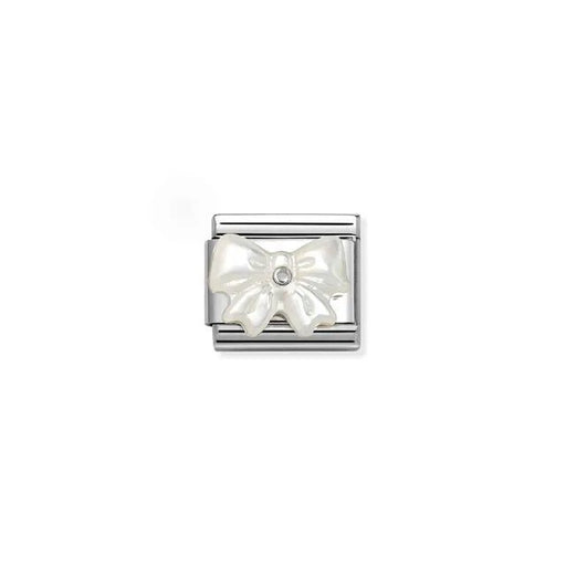 Close-up of Nomination White Mother-of-Pearl Bow Classic Link with pearly bow and sterling-silver setting on stainless steel