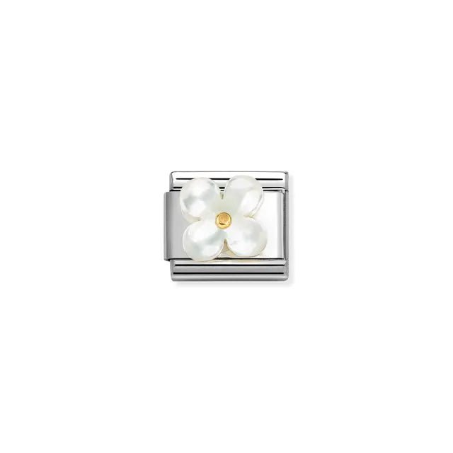 Nomination Classic stainless-steel link featuring a white mother of pearl flower with bonded yellow-gold centre.