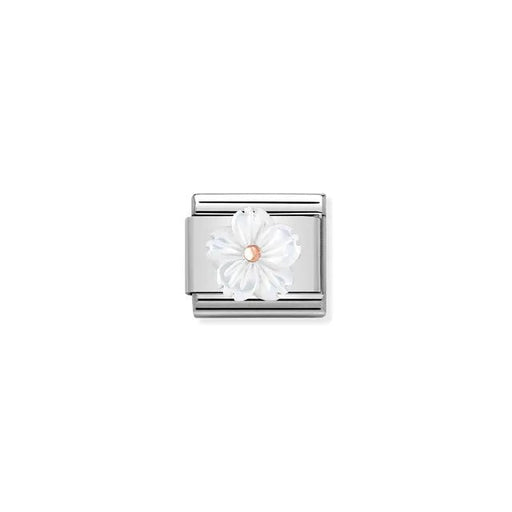 Nomination Classic Link charm with white mother of pearl flower and rose-gold centre on stainless steel for Composable bracelet.