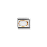 Nomination Classic Link charm with oval white opal set in bonded yellow gold on stainless steel for Composable bracelet; October birthstone.