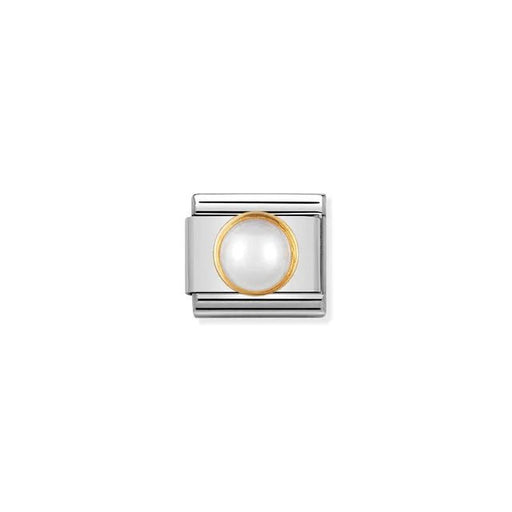 Nomination Classic Link charm with round white pearl bezel-set in bonded yellow gold on stainless steel for Composable bracelet.