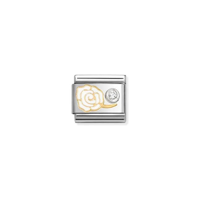 Nomination Classic Link white rose in white enamel with single white cubic zirconia set in sterling silver on stainless steel, for Composable Nomination bracelets