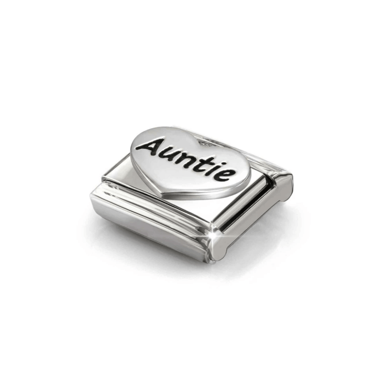 Angled view of Nomination oxidised sterling silver Auntie heart charm