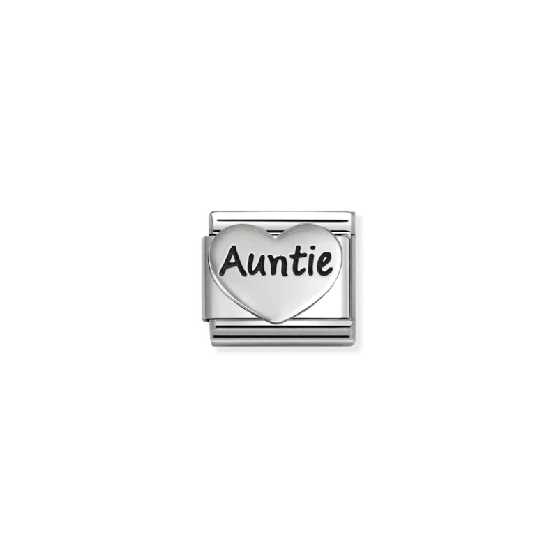Nomination Classic oxidised silver heart charm engraved with the word Auntie