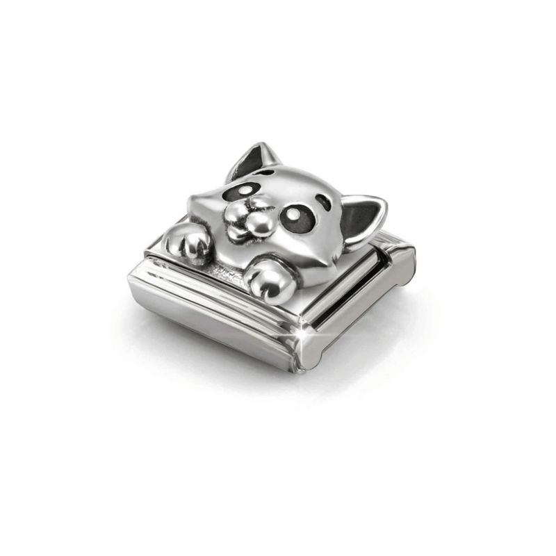 Nomination oxidised silver cat charm worn on a Classic Composable bracelet