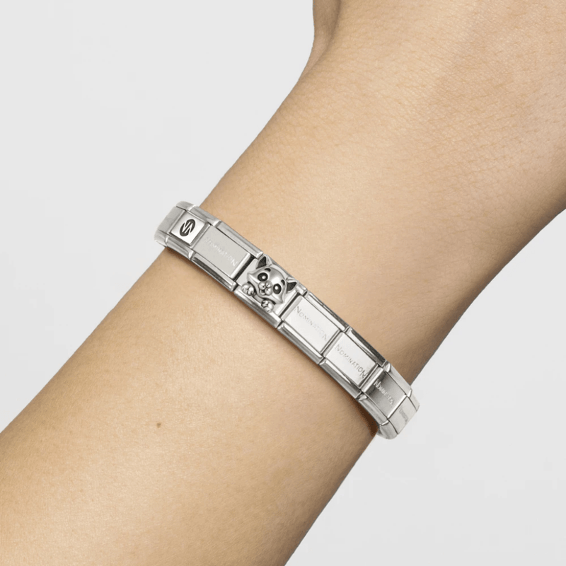 Nomination oxidised silver cat charm worn on a Classic Composable bracelet