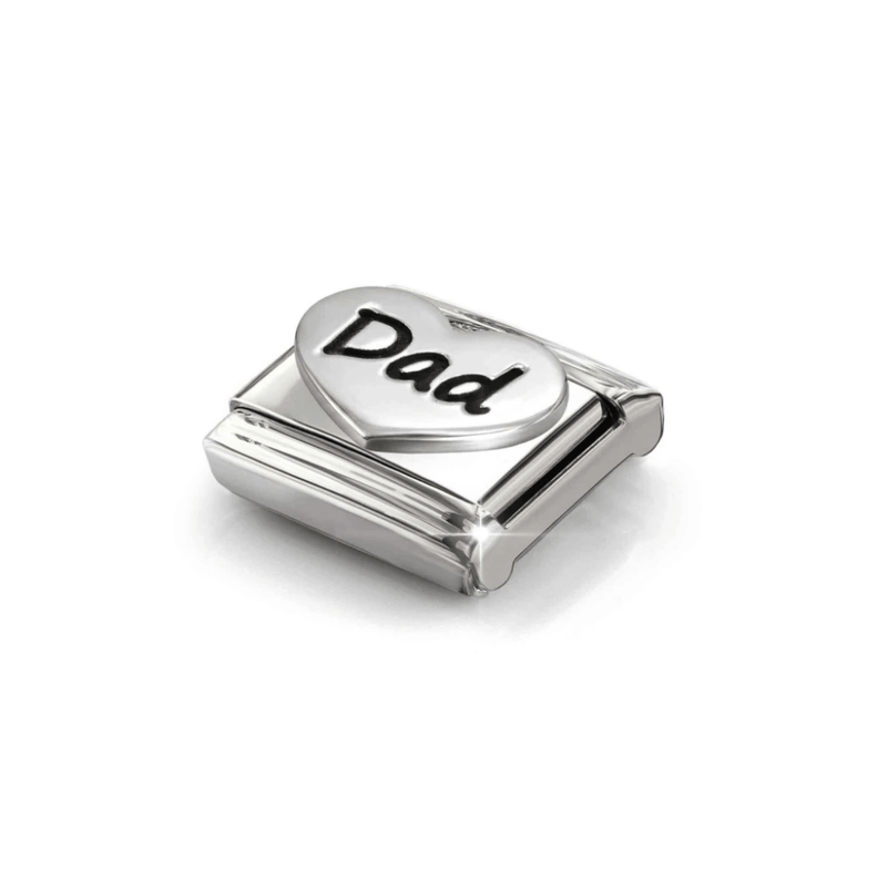 Angled view of Nomination oxidised sterling silver Dad heart charm