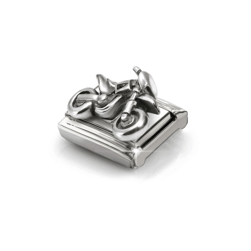 Angled view of Nomination oxidised sterling silver motocross motorcycle charm