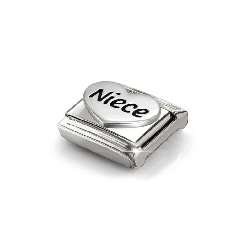 Angled view of Nomination oxidised sterling silver Niece heart charm