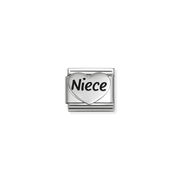 Nomination Classic oxidised silver heart charm engraved with the word Niece