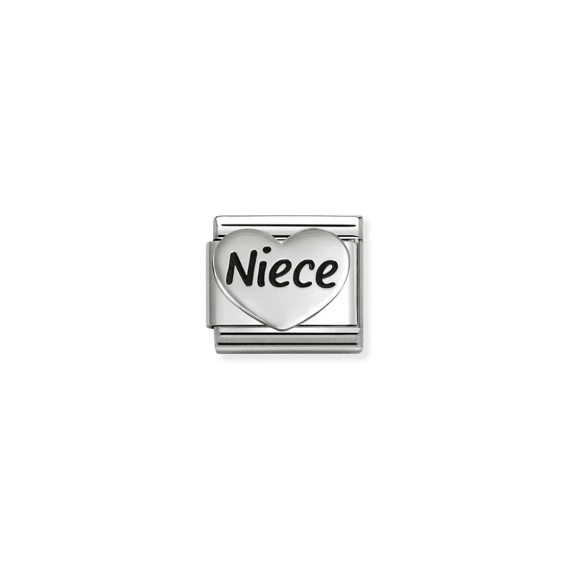 Nomination Classic oxidised silver heart charm engraved with the word Niece