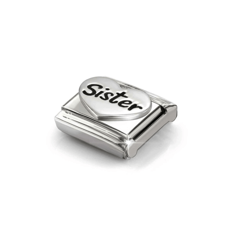 Angled view of Nomination oxidised sterling silver Sister heart charm