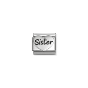 Nomination Classic oxidised silver heart charm engraved with the word Sister