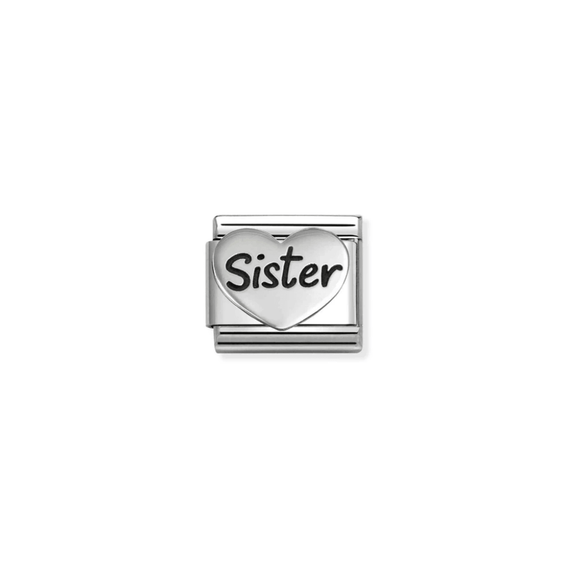 Nomination Classic oxidised silver heart charm engraved with the word Sister