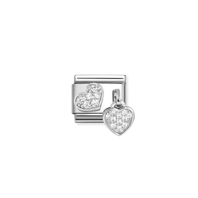 Nomination Classic Pendant Link with twin white CZ pavé hearts in sterling silver on stainless steel